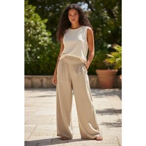 TFY Collection Beige Wide-Leg Pants Boho Cotton Resortwear Sz Medium Boutique